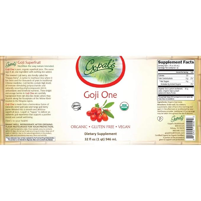 Gopal's Healthfoods Goji One Organic Juice - 32oz (1qt) Glass Bottle Gluten-Free Vegan Superfruit Liquid 30g of Pure Goji Juice Per Serving Vitamin &amp Antioxidant Rich