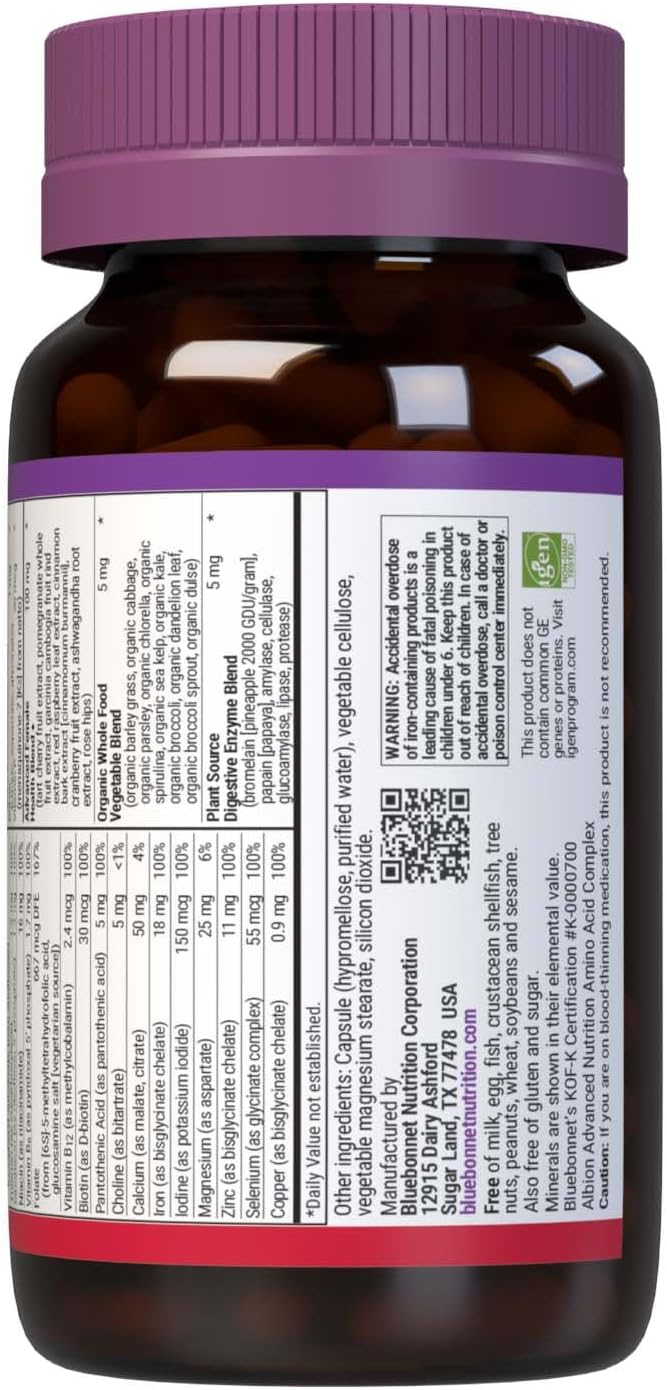 Bluebonnet Nutrition Ladies One Vegetable Capsule Whole Food Multiple K2 Organic Vegetable Energy Vitality Non-GMO Gluten Free Soy Free Milk Free Kosher 90 Vegetable Capsule 3 Month Supply