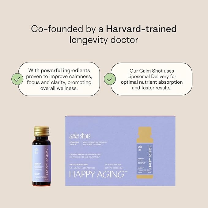 Happy Aging Cortisol Support for Women – Stress Relief &amp Mental Clarity with Ashwagandha L-Theanine L-Tyrosine Magnesium Sulfate Vitamin D3 &amp B6 Sugar-Free – 10 Ready-to-Drink Shots
