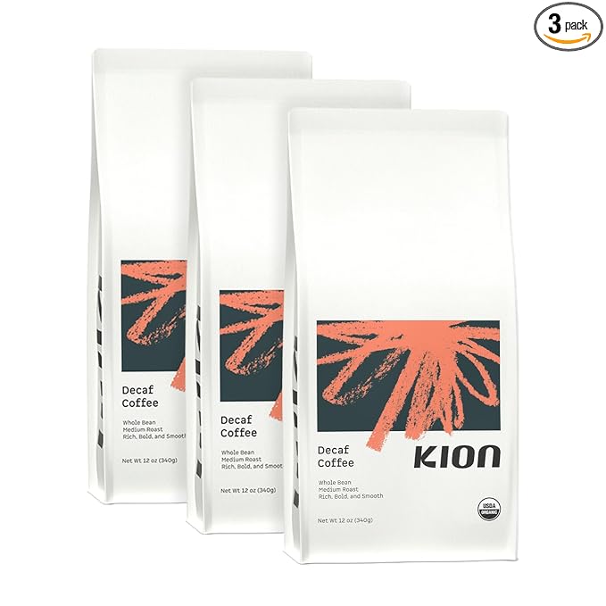 Kion Organic Decaf Whole Bean Coffee Tested for Toxins Ethically Sourced Rich Bold and Smooth Medium Roast 12 Oz (3 Pack)