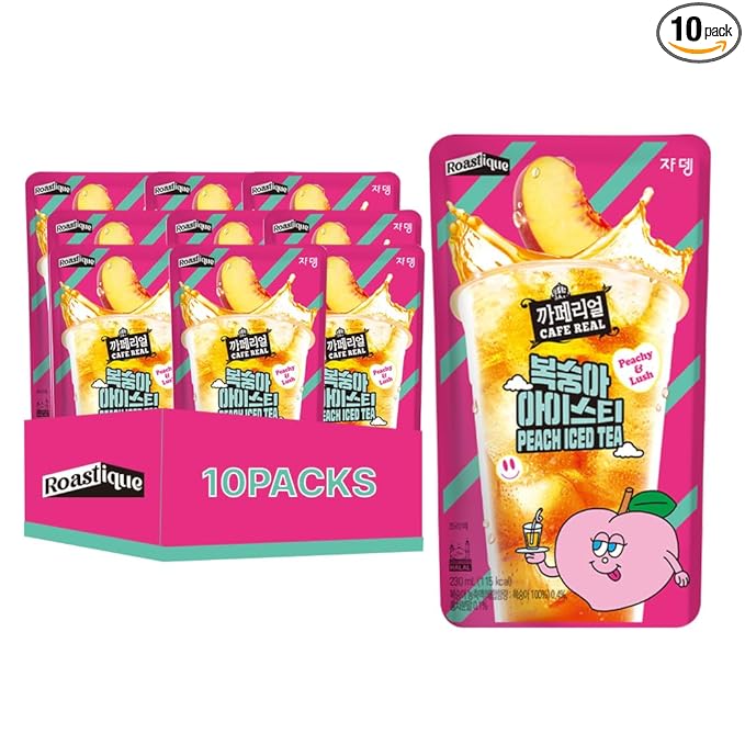 ROASTIQUE Official Cafe Real Peach - Flavored Juice Drink Pouch Peachy Lush Iced Tea Korean Convenience Store Drinks 7.77 fl oz (Pack of 10)