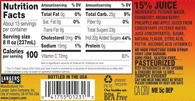 Langers Cranberry Pineapple Juice Cocktail 101.4 Fl Oz (Pack of 4)