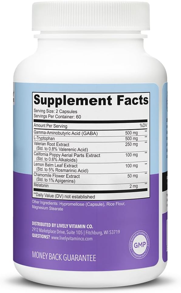 LIVELY VITAMIN CO Snooze Fest - Full REM Cycles - Balanced Sleep - Relax Body &amp Mind - Rest &amp Recovery - GABA - Chamomile - Melatonin - Tryptophan - Valerian Root - Lemon Balm - Poppy - 120 Co