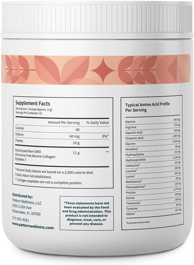 Pattern Wellness Collagen Peptides Powder (Type I &amp III) - Hair Nails Skin &amp Joint Support - Grass Fed &amp Pasture-Raised - Hydrolyzed Non-GMO Dairy Free &amp Keto-Friendly - Unflavore