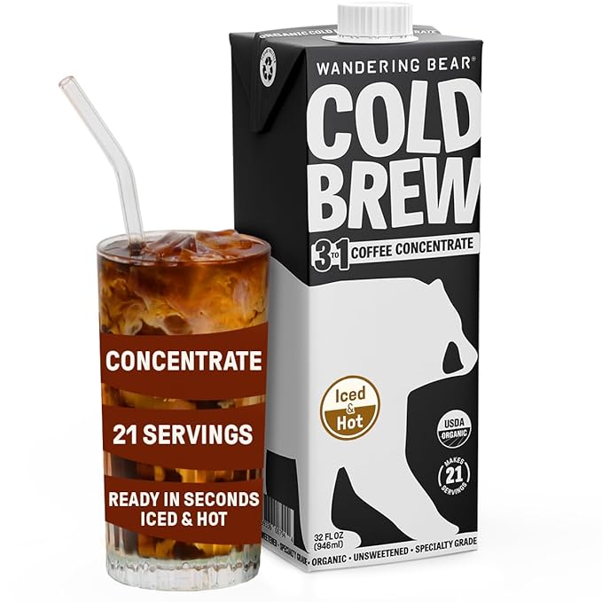 Wandering Bear Organic Unsweetened Extra Strong Cold Brew in a Box - Make Your Own Iced Coffee Drink with Wandering Bear Black Concentrate Shelf-Stable &amp Vegan - 21 Servings - 32 fl.oz