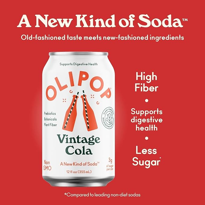 OLIPOP Prebiotic Soda Pop Vintage Cola Pantry Pack Packed with Prebiotics Fiber and Botanicals Gluten Free GMO Free 12oz (12-Cans)