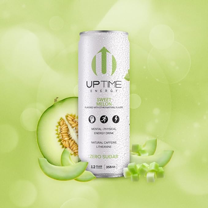 UPTIME Energy Drink Sweet Summer Melon Sparkling 12 Pack Vitamin C L Theanine Calcium Sugar Free Energy Drinks for Focus Support 142mg of Natural Caffeine 5 Calories Natural 12 fl oz Cans
