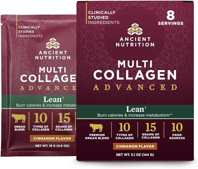 Ancient Nutrition Advanced Hydrolyzed Collagen Peptides Powder Protein Lean with Probiotics and Vitamin C Cinnamon for Women &amp Men Supports Healthy Weight Management &amp Muscle Building 8 Pa