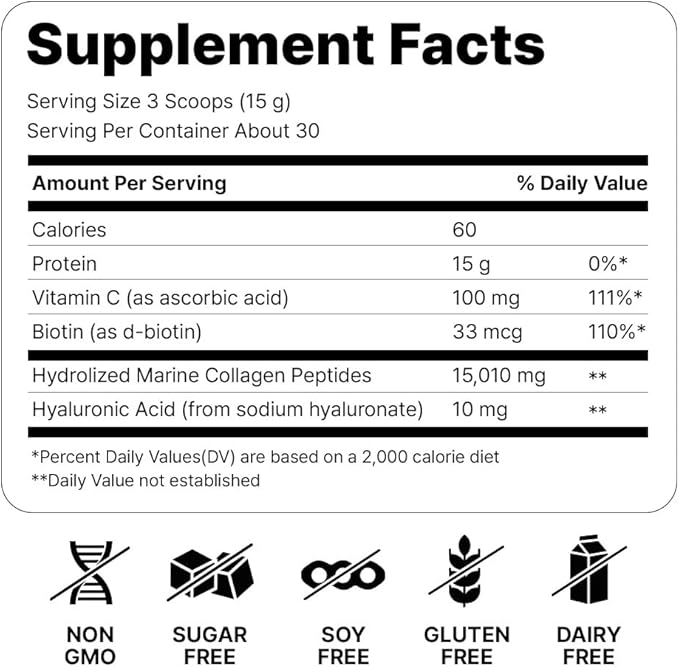 Marine Collagen Peptides - Hydrolyzed Ultra-fine Collagen Powder for Women &amp Men Hyaluronic Acid Biotin Vitamin C for Skin Hair Nails Joints Non-GMO Unflavored Easily Dissolved 16oz