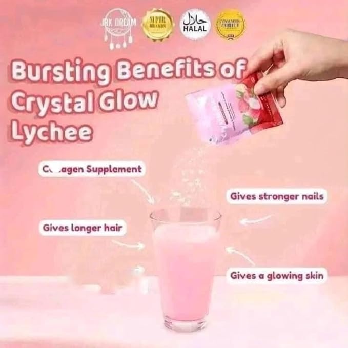 Crystal Glow Hydrolyzed Marine Collagen Mix with Glutathione &amp Lychee Extract 10 Sachets