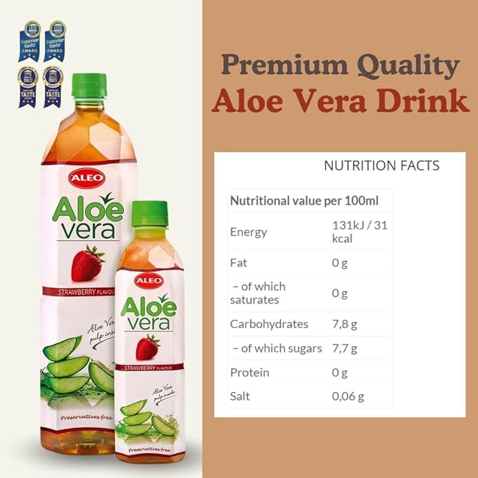 ALEO 0.5L x 24 Premium Strawberry Aloe Vera Drink - Natural No Preservatives No Artificial Colors Superior Taste Award 2025