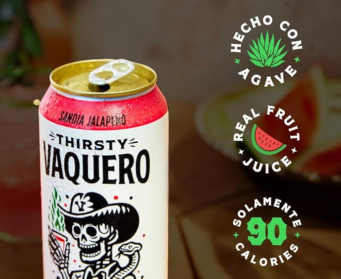 Thirsty Vaquero Watermelon Jalapeño Flavored soda (Sandia Salvaje) Mexican-inspired soda Real Fruit Juice &amp Savory Spices Made with Organic Agave Low Calorie Natural Juice 16 oz Cans 12-Pa
