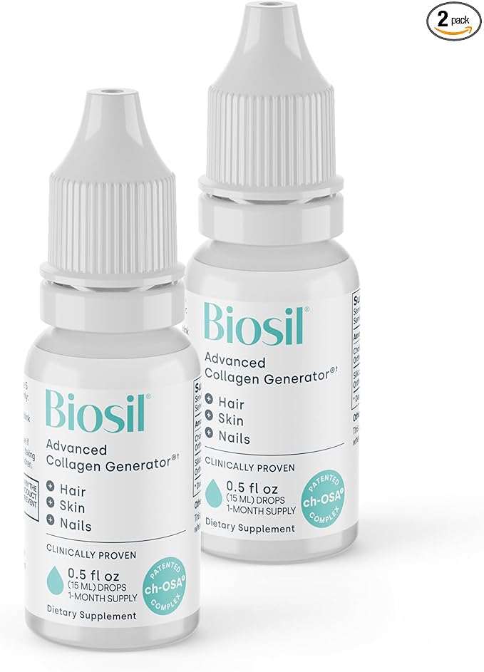 Biosil Collagen Booster Supplement - 0.5 fl oz Drops Pack of 2 - Patented ch-OSA Activator for Skin Hair Nails &amp Joints - Supports Natural Production - 60-Day Supply