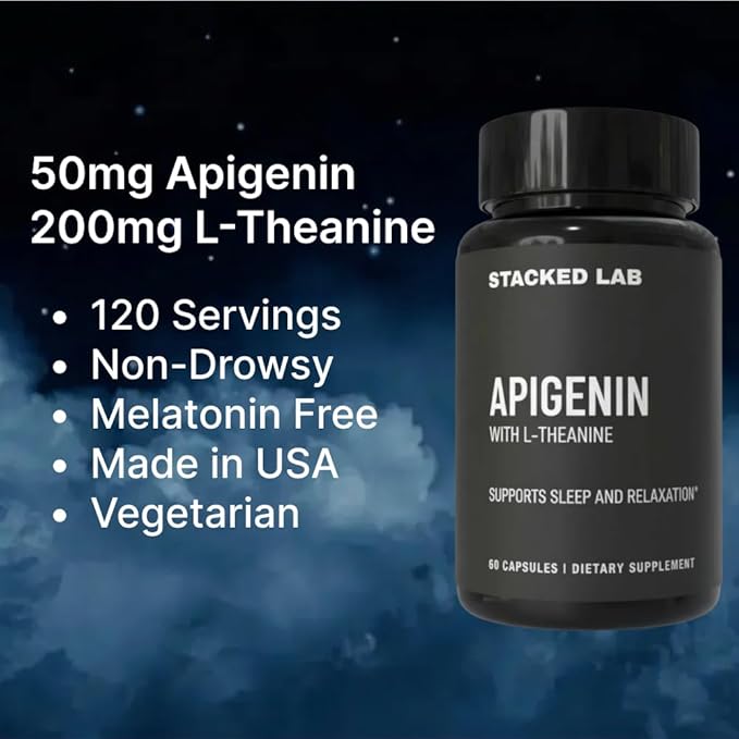 Apigenin with L-Theanine for Better Sleep | Premium Sleep Support Relaxation &amp Sleep Quality Aid | Non-Drowsy Melatonin Free – 120 Capsules