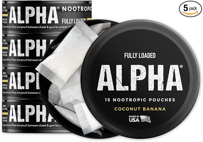 Fully Loaded Alpha Nootropic Pouches (Coconut Banana) - 5 Cans - 15 Pouches per can - Effective Nootropic Delivery Nic Pouch Replacement - Faster Absorption Alpha GPC L-Tyrosine GABA