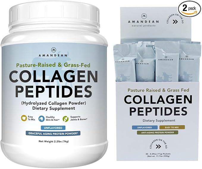 AMANDEAN Collagen Peptides Bundle. 1kg &amp Stick Packs. Grass-Fed Enzymatically Hydrolyzed Type 1 &amp 3. Protein with 18 Amino Acids for Healthy Skin Hair Nails. Easy to Mix Unflavored Non-G