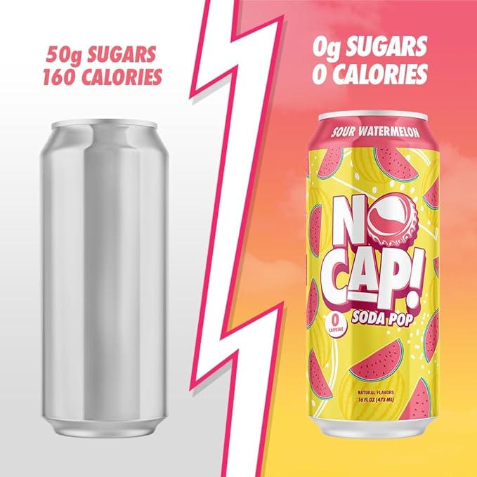 No Cap Soda Pop Soda Bitter Sour Watermelon 16 fl oz (Pack of 12)