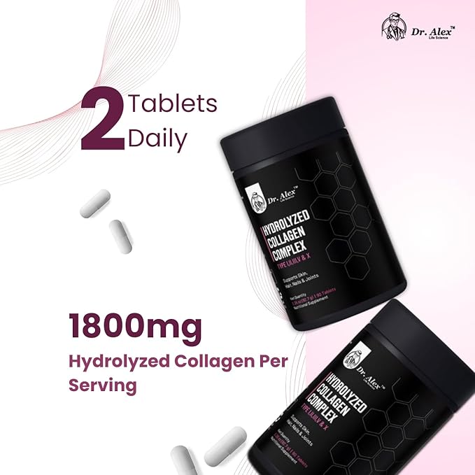 Dr. Alex Hydrolyzed Multi Collagen Supplement Tablets 1800mg (90 Tablets) - Type I II III V &amp X | Collagen Peptides Capsules for Women &amp Men | Skin Hair Nails &amp Joint Support