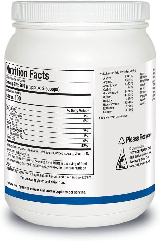 Biotics Reseach HYDROLYZED Collagen Protein Vanilla CRÈME Dairy-Free Collagen Protein Powder from Bone Broth 21g Protein Non-GMO Gluten Free Easily Digested Delicious Vanilla Crème Flavor. 28 oz