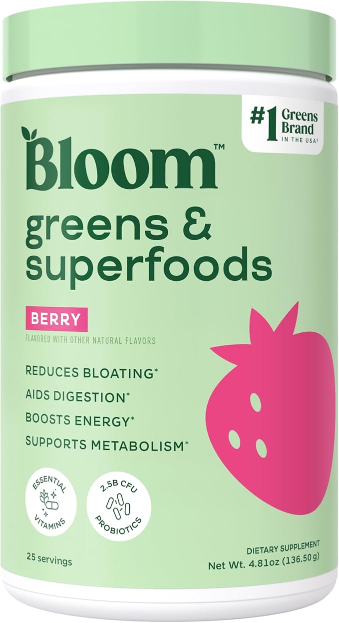 Bloom Nutrition Superfood Greens Powder Digestive Enzymes with Probiotics and Prebiotics Gut Health Bloating Relief for Women Chlorella Green Juice Mix with Beet Root Powder 25 SVG Berry