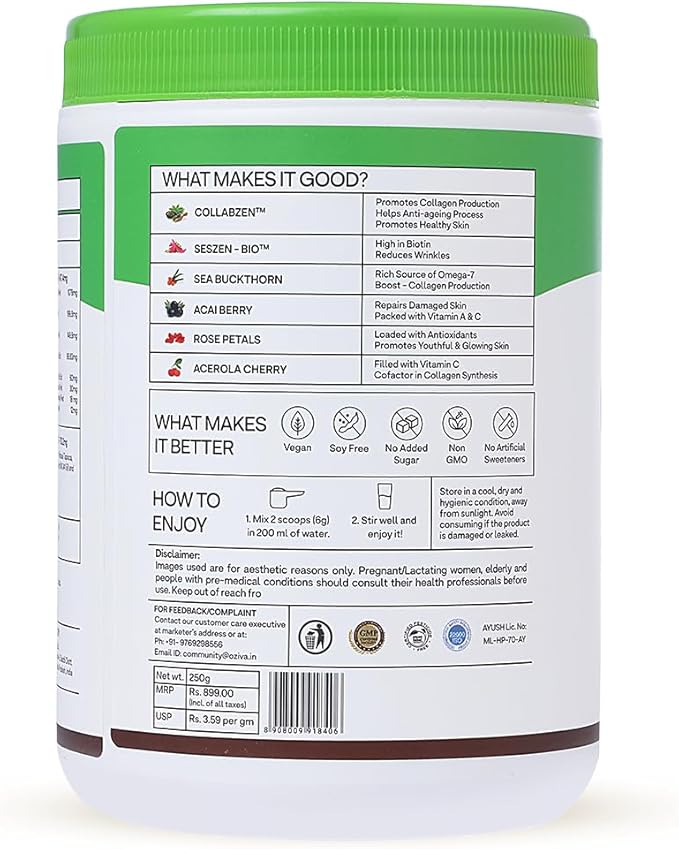 OZIVA Plant Based Collagen Builder with Biotin &amp Silica Acai Berry Bamboo Shoot Sea Buckthorn for Anti Aging Beauty 0.55 lbs 100% Natural &amp Vegan Friendly (8.81 oz)