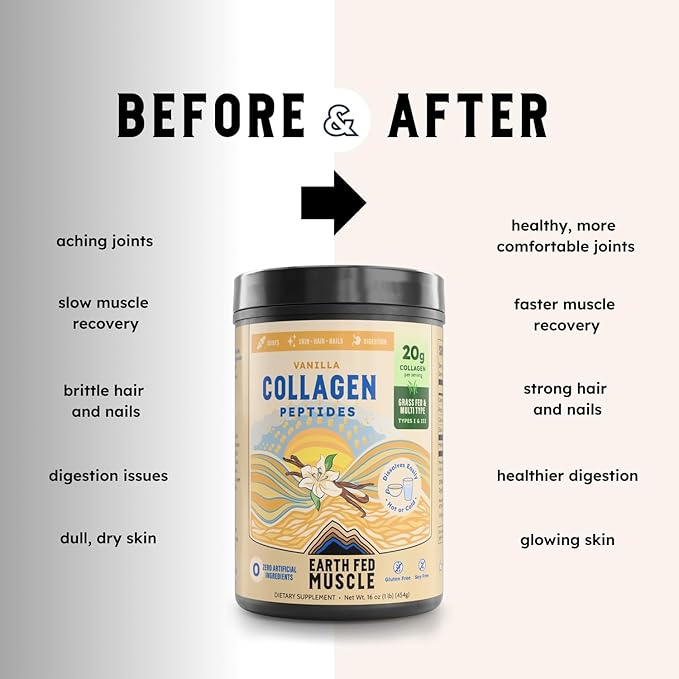 Earth Fed Muscle Grass Fed Collagen Peptides Powder Vanilla - Hydrolyzed Multi Collagen Types I and III for Hair Skin Nails Joints - Keto Paleo Protein Supplement for Women&ampMen (21 Servings Vanil