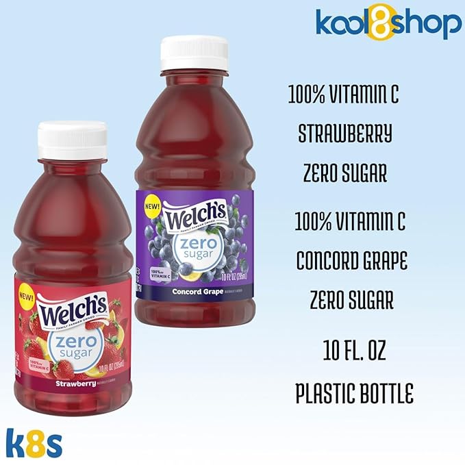 Welch's Zero Sugar Variety Pack Juice Drink 10 fl oz Plastic Bottle 24 Pack + 2 Reusable Snack Bags by KOOL8SHOP Infinite Deals