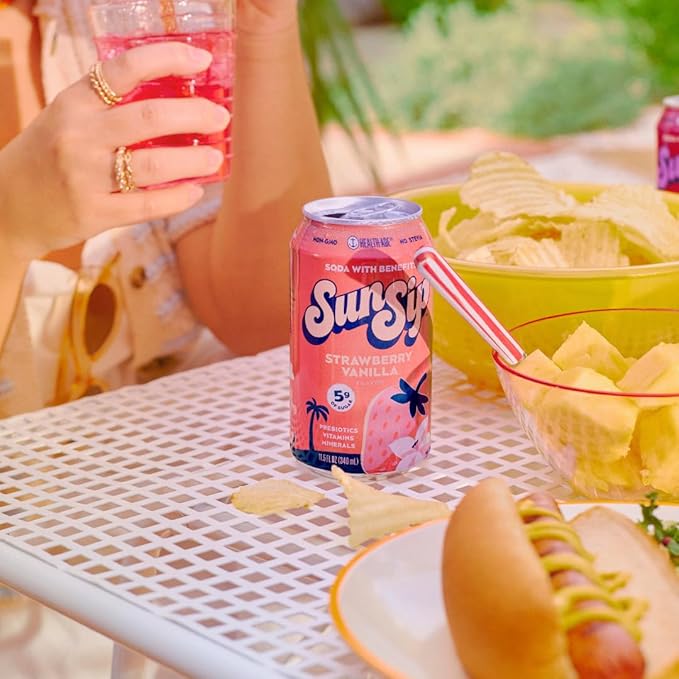 SunSip Prebiotic Soda by Health-Ade Better-for-You Soda Swap Beverage with Vitamins and Minerals Naturally Sweetened with 5g of Sugar Strawberry Vanilla 11.5 oz (12 Pack)