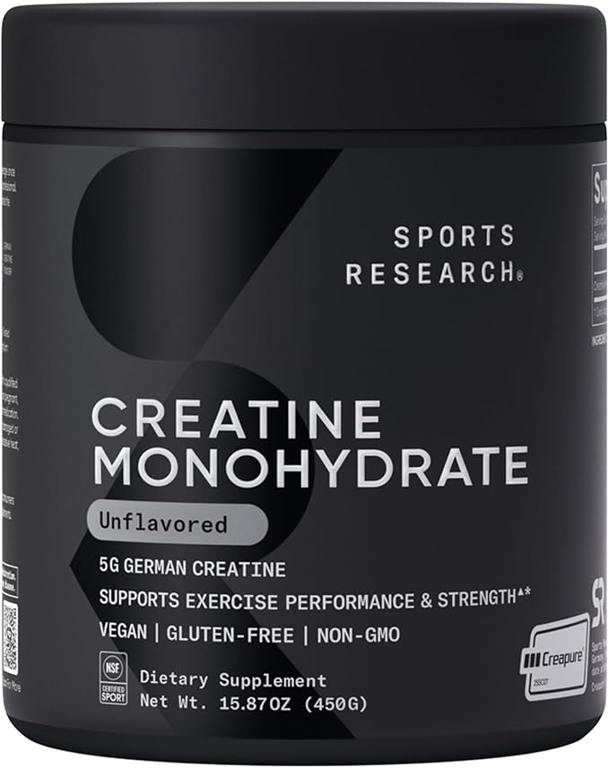 Sports Research® Creatine Monohydrate Powder w/Creapure® - Gain Lean Muscle Improve Performance &amp Support Workout Recovery* - 5g German Creatine · NSF Sport · Easy Mixing - 90 Servings (Unflavor