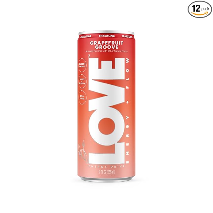 Be LOVE Energy + Flow Drink – 80mg Natural Caffeine L-Theanine &amp Alpha-GPC for Clean Calm Focus – Zero Sugar Low Calorie 100% DV B-Vitamins – Non-GMO Vegan – 12 fl oz (Pack of 12) (Grapefruit)