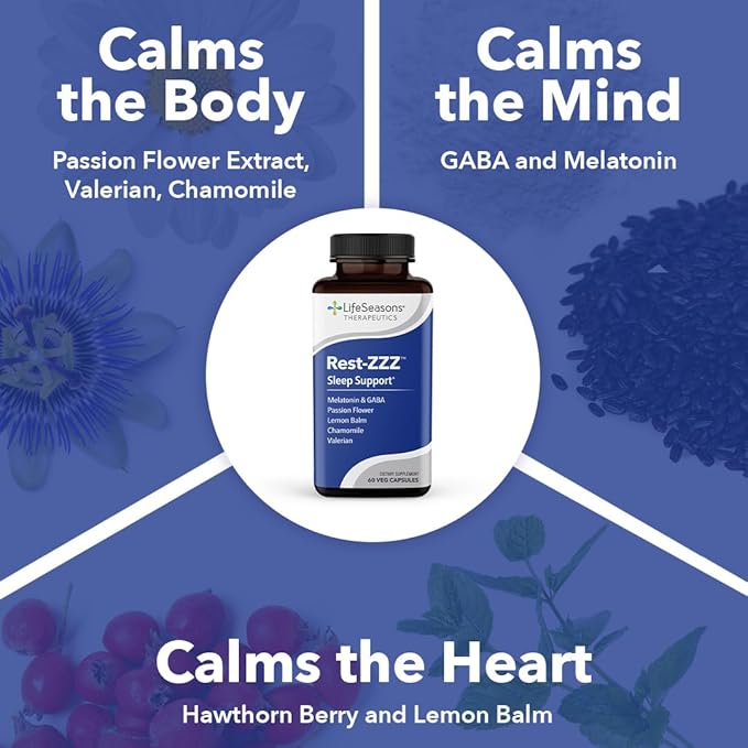 LifeSeasons Rest-ZZZ - Natural Sleep Support Supplement - Fall Asleep &amp Stay Asleep - Calms Nervous System - Ease Muscle Tension &amp Restlessness - Low Dose Melatonin GABA &amp Chamomile - 60 C