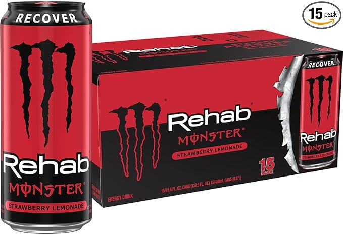 Monster Energy Rehab Strawberry Lemonade + Energy Energy Drink 15.5 Ounce | Pack of 15