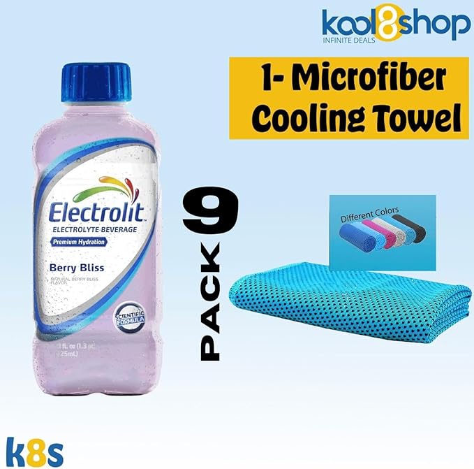 Electrolit Berry Bliss Hydration Drink with Electrolytes 21 fl oz Plastic Bottles 9 Pack + 1 Microfiber Cooling Towel by KOOL8SHOP Infinite Deals