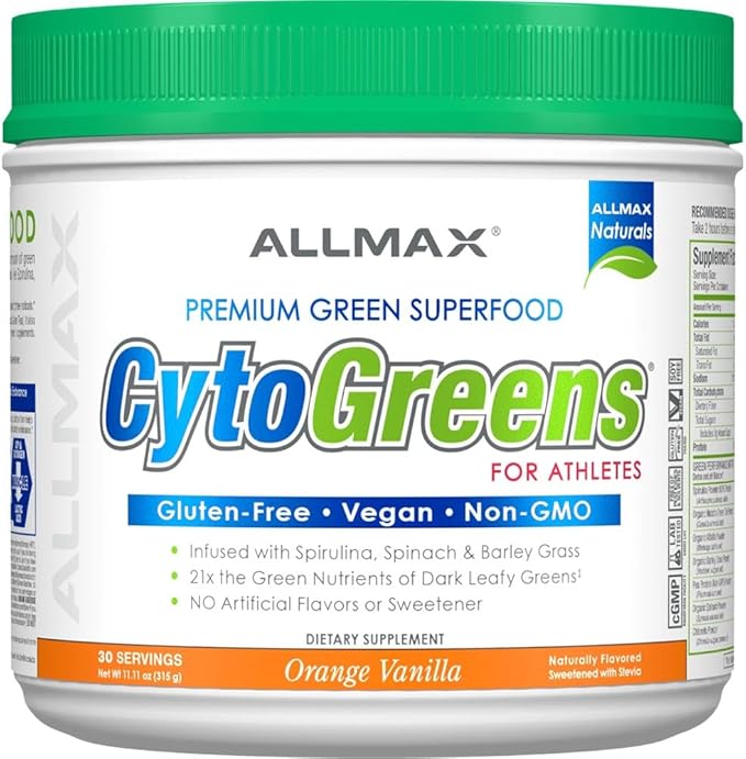 ALLMAX Naturals CytoGreens Super Greens Powder Premium Green Superfood with Greens Superfoods Prebiotic &amp Enzymes Daily Greens Supplement Orange Vanilla - 315g 30 Servings