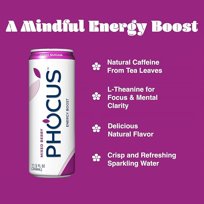Phocus Caffeinated Sparkling Water - Mixed Berry - Clean Energy with Caffeine + L-Theanine - 0 Sugars Calories or Carbs - Non GMO Whole 30 Keto Vegan Kosher - 11.5 Fl Oz. (12 Pack)