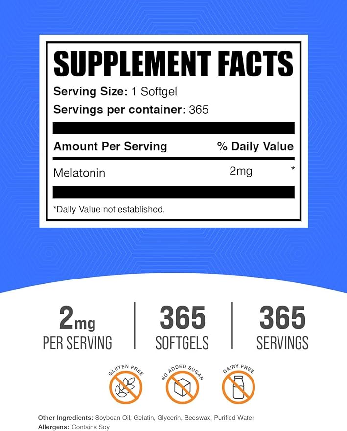 BulkSupplements.com Melatonin Softgels - Melatonin Supplement Sleep Aids for Adults - Gluten Free 1 Softgel per Serving (2mg) 365 Count (Pack of 1)