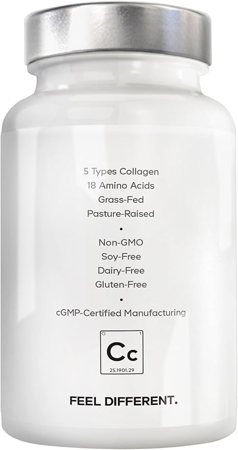 Amen Multi Collagen Peptides Capsules with Hyaluronic Acid and Vitamin C - 5 Types of Collagen Protein Type I II III V X - Grass Fed Hydrolyzed - 18 Amino Acids - Collagen Supplement - 90 Pills