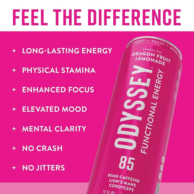Odyssey Functional Energy Drink for Focus Cognition &amp Mood Support 12 Pack - Adaptogenic Drink with 85mg Green Tea Caffeine Lion’s Mane Cordyceps L-Theanine &amp Ginseng Dragon Fruit Lemonad