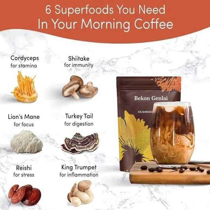 Bekon Genlai Mushroom Coffee – 2000mg Functional Mushroom Blend with Lion’s Mane Reishi Cordyceps Shiitake Turkey Tail &amp King Trumpet – Instant Arabica Coffee – Focus Immunity &amp Energy Su