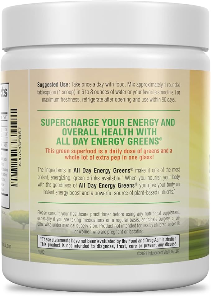 IVL - All Day Energy Greens - Supplement Powder Mix Drink Greens Powder Superfood - Super Greens Blend for Optimal Nutrition Energy &amp Digestion Green Juice Superfood Boost