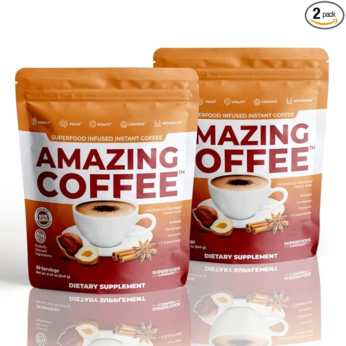 Superfoods Company | Amazing Coffee - Instant Coffee| Mushrooms Superfoods - Hazelnut French Roast - Gluten Free Non-GMO Sugar Free Vegan Keto Friendly [60 Servings]