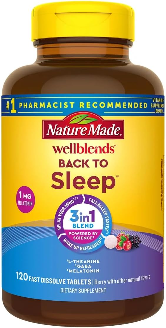 Nature Made Wellblends Back to Sleep 120 Fast Dissolve Tablets Lower Dose Melatonin 1 mg L theanine 100 mg and GABA 100mg Sleep Supplement Bundle with a Pill Oragnizer (2 Items)