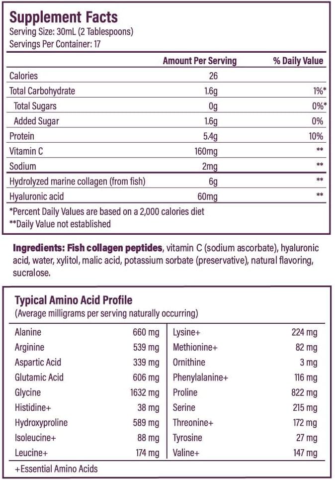 Bioavailable Liquid Marine Collagen Peptides Drink- Hyaluronic Acid &amp VIT C - Reduces Wrinkles - Thick Hair Lashes Brows Nails - No Gluten Dairy Nut Soy - Unflavored Sweet 16.9 oz