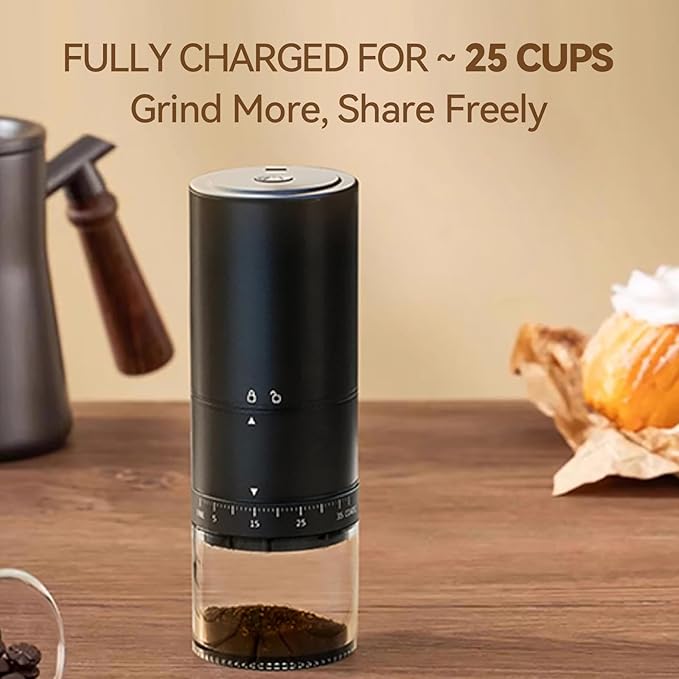 Portable Electric Coffee Grinder - 38 Grind Settings Conical Burr &amp Black Stainless Steel Body Rechargeable Mill for Espresso Moka Pot Turkish Ideal for Camping and Travel