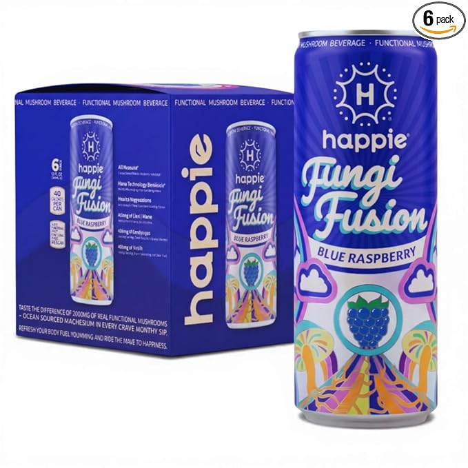 Happie Fungi Fusion Blue Raspberry – Sparkling Adaptogen Drink with Lion’s Mane Cordyceps &amp Red Reishi – Plant-Based Nootropic 40 Calorie Agave Nectar Vegan Wellness Soda Alternative