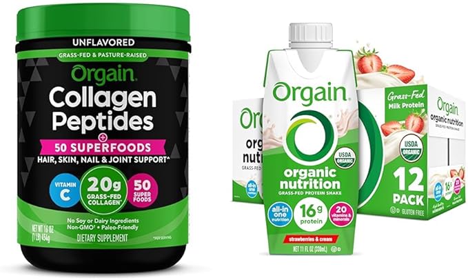 Bundle of Orgain Hydrolyzed Collagen Powder + 50 Organic Superfoods 20g Grass Fed Collagen 1lb + Orgain Organic Nutritional Protein Shake Strawberries &amp Cream 16g Grass Fed Whey Protein Pack of