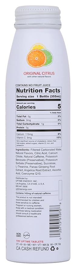 Uptime Original Citrus Energy Drink with Other Natural Flavors Natural Caffeine Sugar Free Vegan Gluten Free &amp Non-GMO 12 Fluid Ounce (Pack of 12)