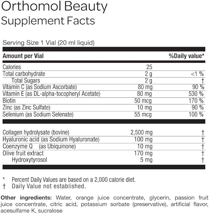 Orthomol Beauty Vial - Liquid Women's Beauty Supplement with Collagen Hydrolysate Hyaluronic Acid and Coenzyme Q10 for Hair Skin and Nail Health