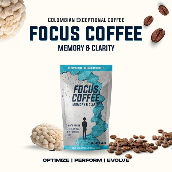 NexGen Goods Focus Coffee :Brain Boosting Nootropic Organic Mushroom Coffee with Lion’s Mane &amp Adaptogens – Premium Colombian Ground Coffee for Mental Clarity &amp All Day Energy Boost | 22 Servi