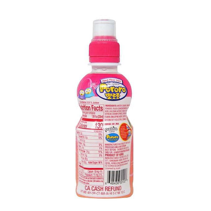 Paldo Fun &amp Yum Pororo Kids Peach Flavor Drink Pack of 8 Fruit Juice Drinks with Comfortable Push-Pull Sports Cap Perfect Drink for Children 7.95 fl oz. x 8